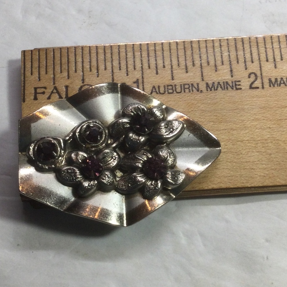 Vintage Art Deco Dress Clip Silver Tone Floral Purple Rhinestones 1930s Jewelry - Picture 9 of 9